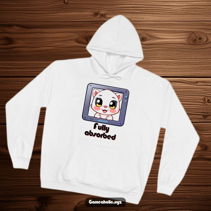 Funny Hoodie: Creature with big, joyful eyes, intensely focused on a screen, ideal for immersive gaming.