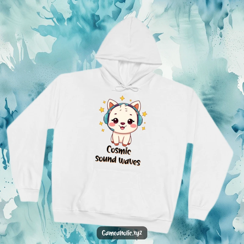 Funny hoodie depicting a cheerful animal character wearing a gaming headset with dazzling stars swirling around it.