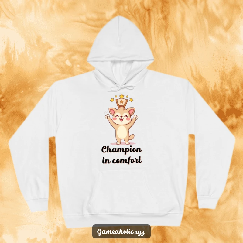 Funny Hoodie featuring an animal character raising a digital award with a triumphant and funny smile, perfect for celebrations.