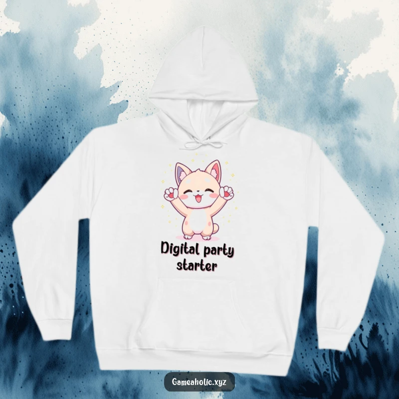 Funny Hoodie: Character cheers with paws raised, surrounded by shimmering digital particles, for ultimate cozy joy.