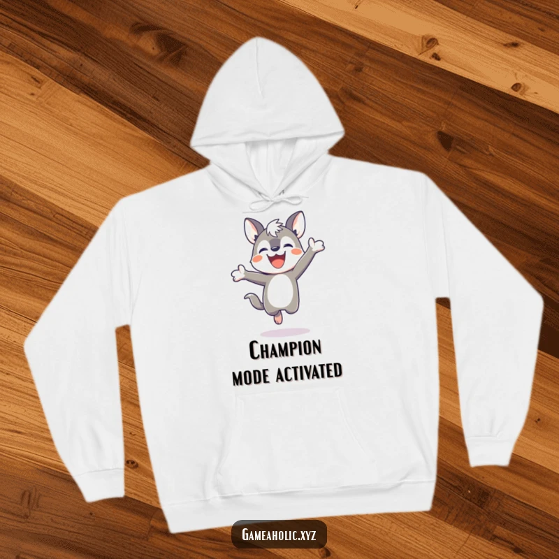 Funny hoodie depicting a joyful animal character with a determined grin, jumping high after a triumphant game win.