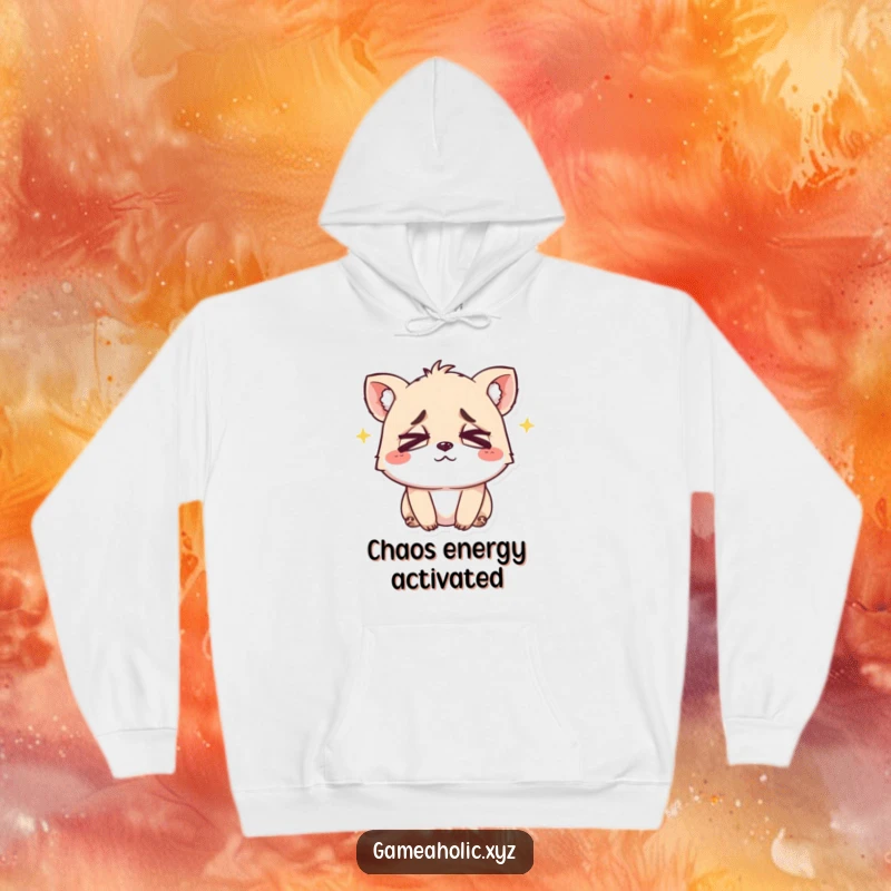 Funny hoodie showcasing a small animal with comical crossed eyes, appearing exhausted but content and smiling.
