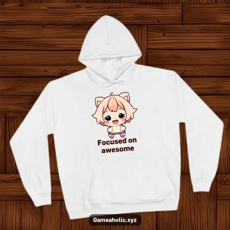 Funny Hoodie featuring a happy character intensely focused on a glowing screen, cheering with enthusiasm.