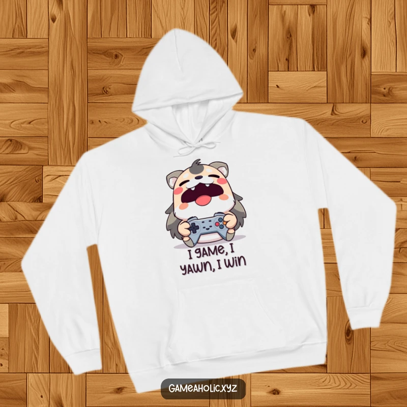 Funny yawning animal character tightly gripping a game controller on a cozy hoodie, for dedicated gamers.
