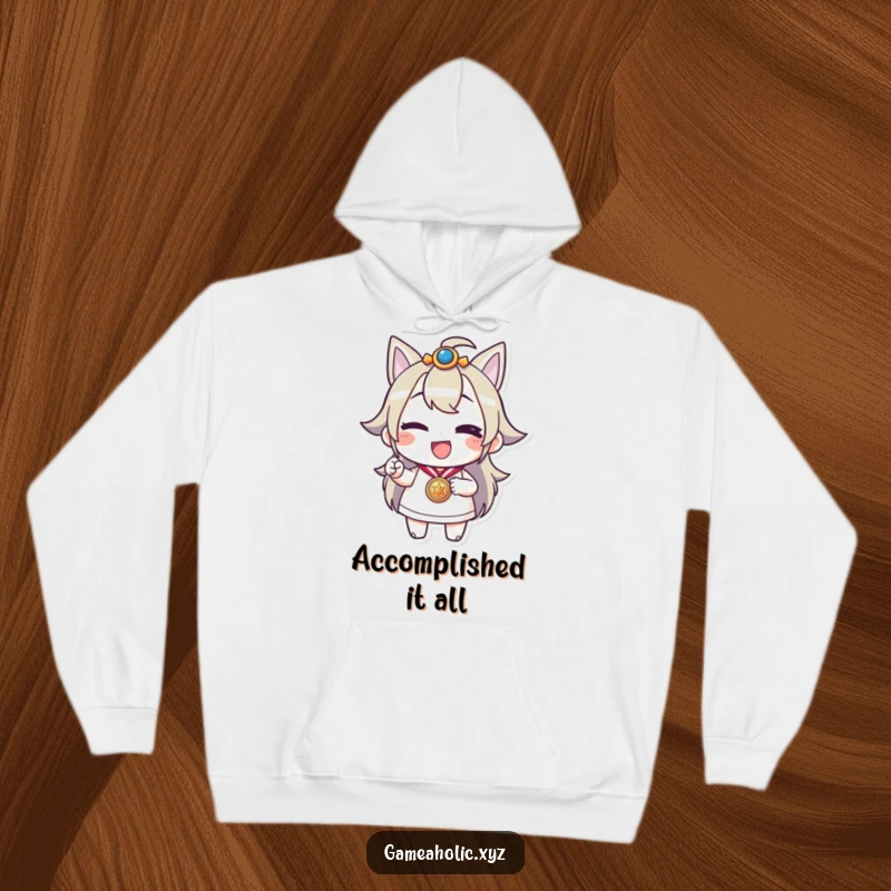 Funny hoodie depicting a joyful character winking and presenting a gleaming medal, perfect for celebrating wins in ultimate comfort.