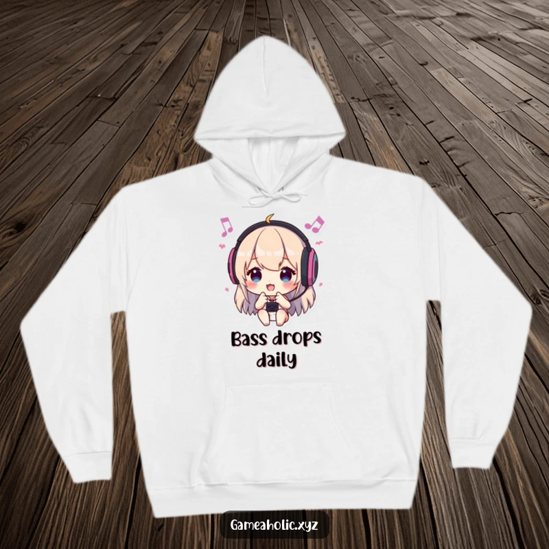 Funny hoodie showing a character with headphones, headbanging to game music, perfect for cozy gaming sessions and music lovers.