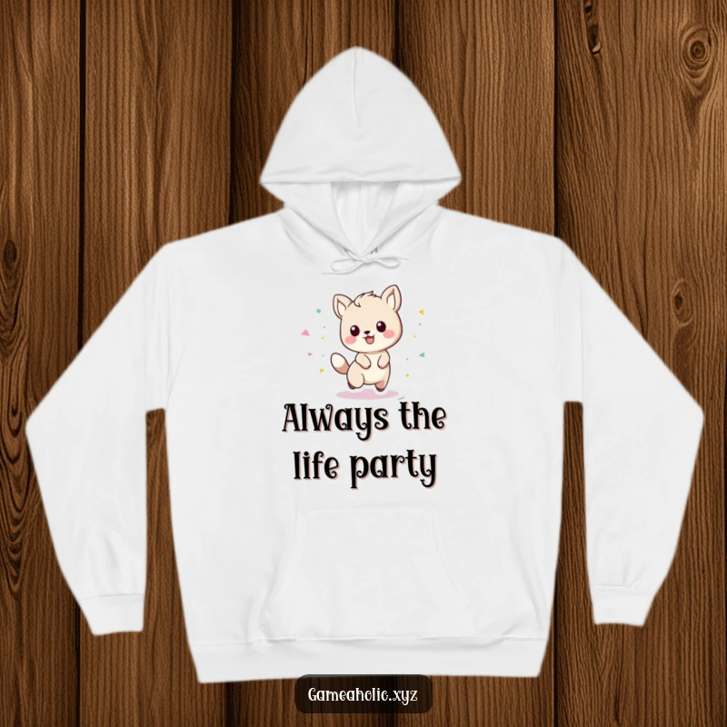 Funny playful animal character with a trail of confetti, printed on a cozy hoodie, spreading cheer.