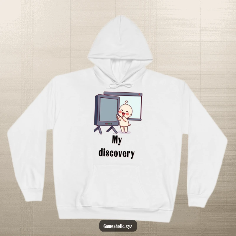 Funny Hoodie showing an excited character with rosy cheeks pointing at a massive screen, perfect for cozy viewing parties.