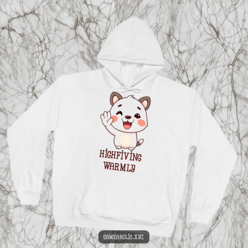 Funny animal character hoodie, with a cheerful face, offering a virtual high-five, soft and warm.