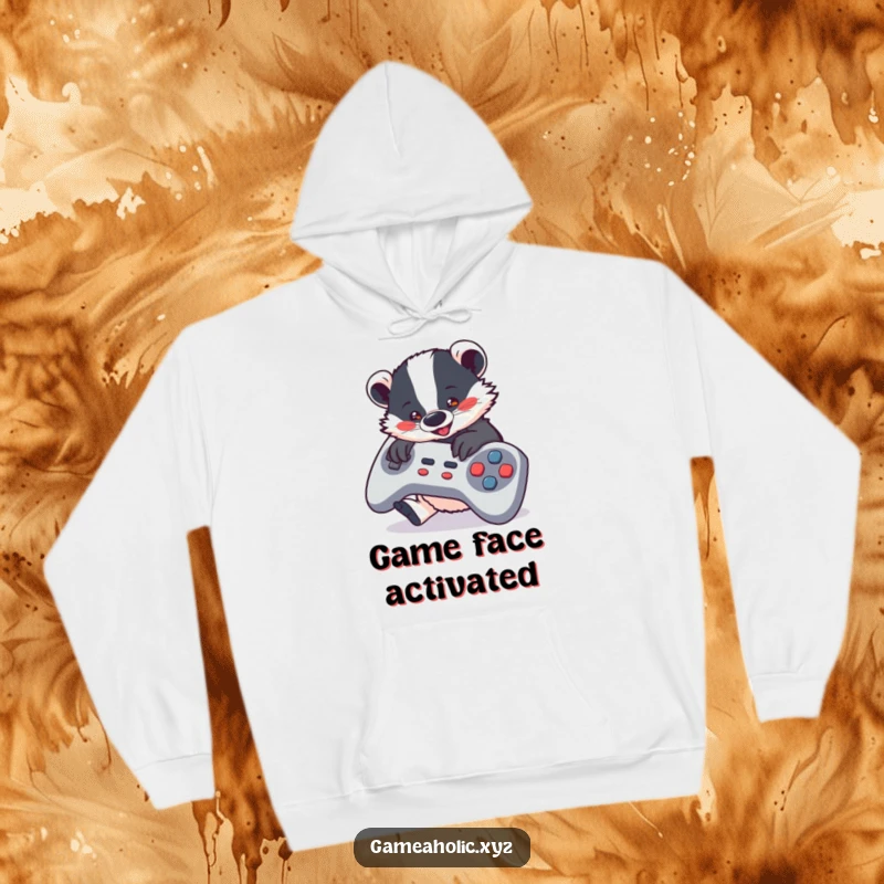 Funny Hoodie showing a cute badger intensely mashing buttons on a large game controller, a must-have for gamers.
