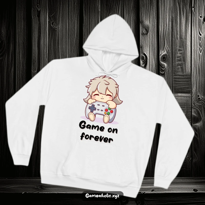 Funny Hoodie: A character hugging a plush game controller tightly, humorously depicting the cozy comfort of dedicated gaming.