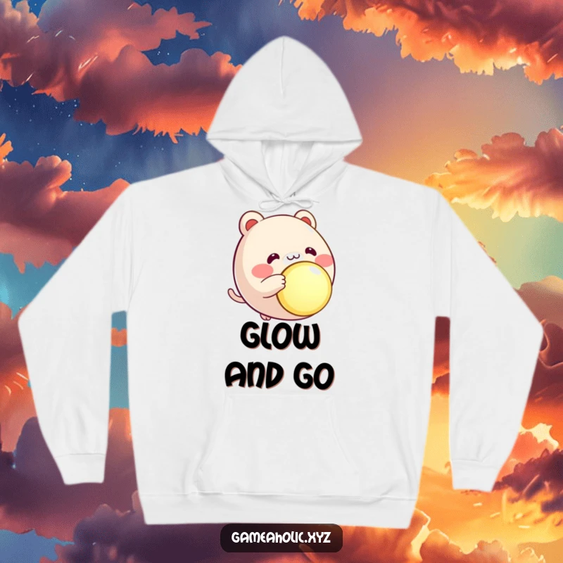 Funny round animal character hoodie, rosy cheeks, eagerly pressing a large, glowing button, cozy and excited.