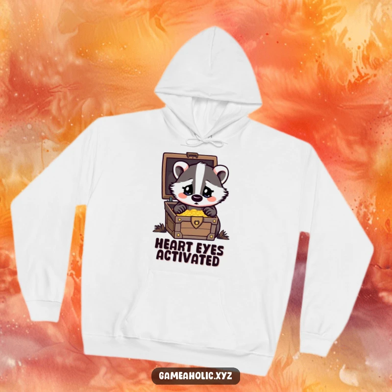 Funny Hoodie featuring a badger with heart eyes looking at a treasure chest, symbolizing cozy obsession.