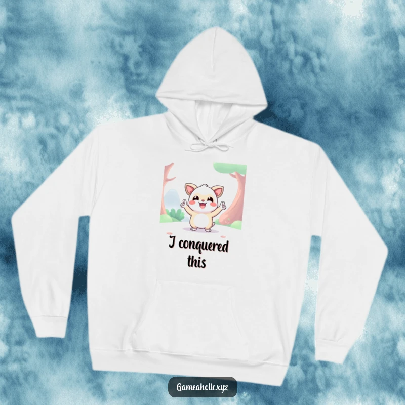 Funny happy creature in a digital landscape striking a dramatic victory pose, cozy hoodie, perfect gift.