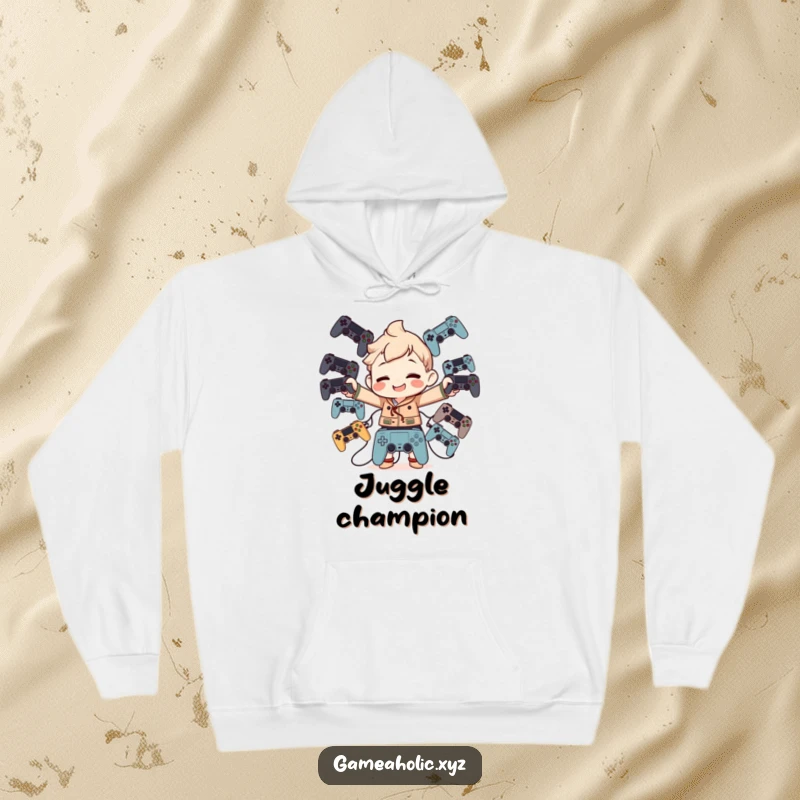 Funny Hoodie: Character balancing multiple game controllers with a silly, happy grin, perfect for cozy gaming.