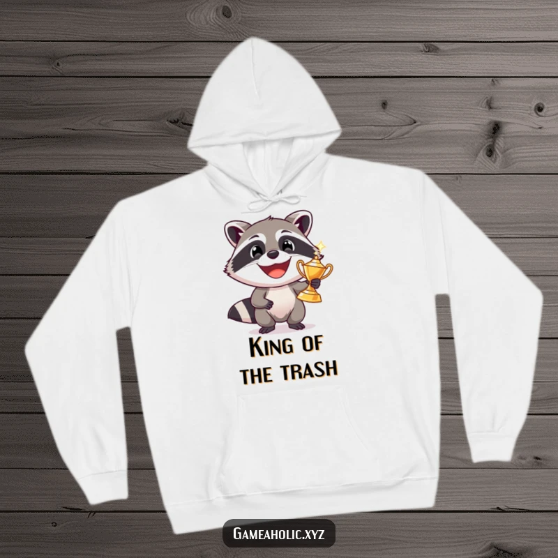Funny raccoon with a wide grin holding a sparkling trophy, cozy hoodie, perfect for prize winners.