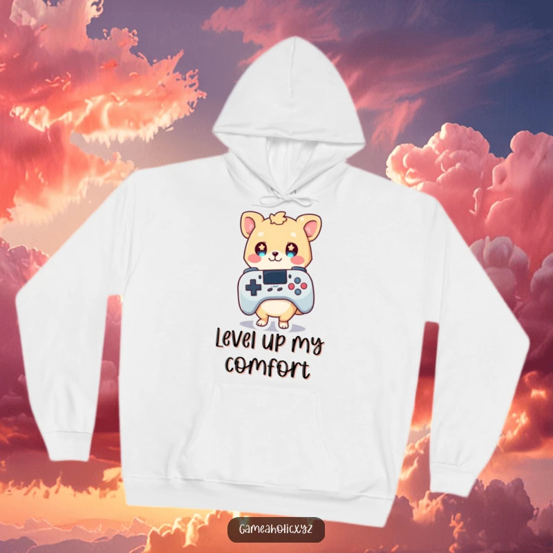 Funny hoodie featuring a cute animal character engrossed in a large game controller, eyes full of stars and gaming ambition.