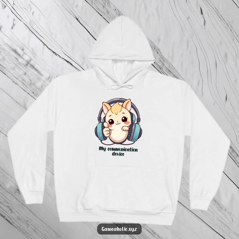 Funny hoodie with a creature peeking over a large headset, giving a cheerful thumbs up, embodying happy tech engagement.