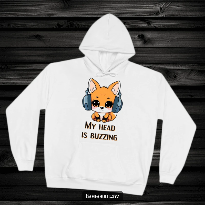 Fluffy kawaii fox with big headphones, eyes sparkling with excitement, featured on a warm hoodie, perfect for music lovers.