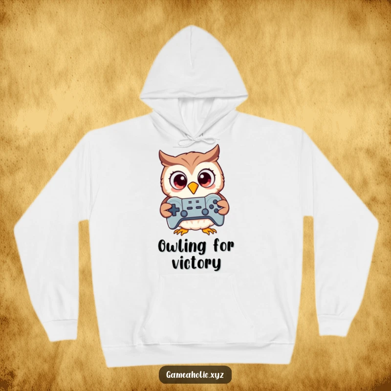 Funny owl with large excited eyes holding a game controller, wearing a hoodie, perfect for gamers.