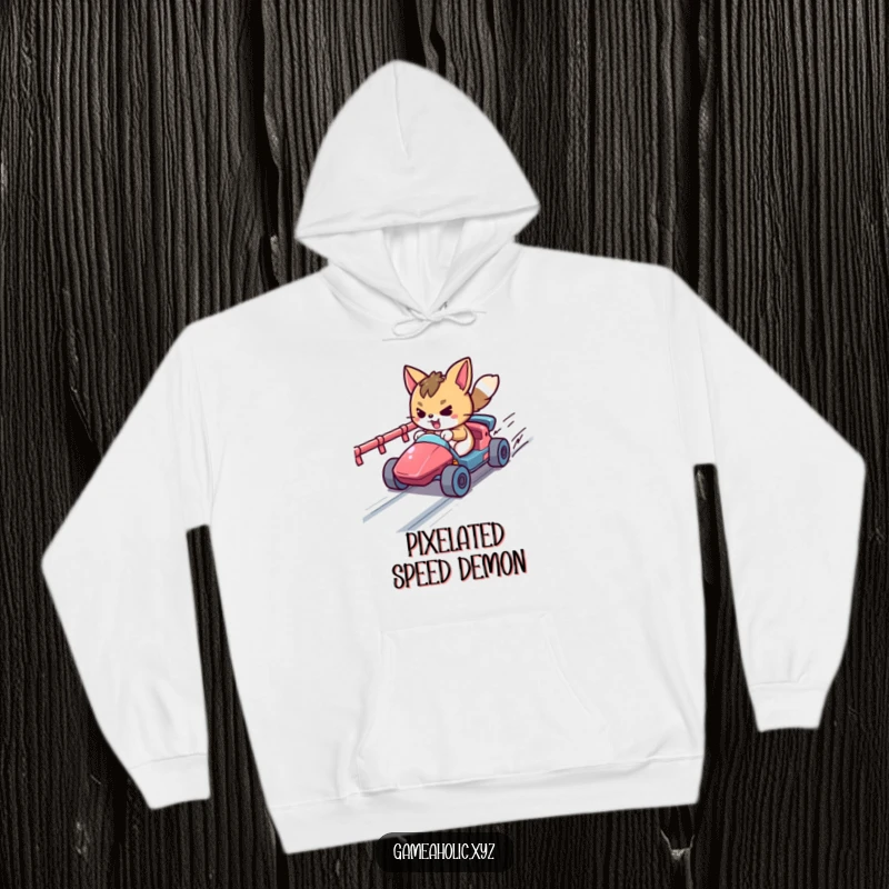 Funny determined animal character racing a tiny vehicle on a pixelated track, bringing retro gaming vibes to this hoodie.