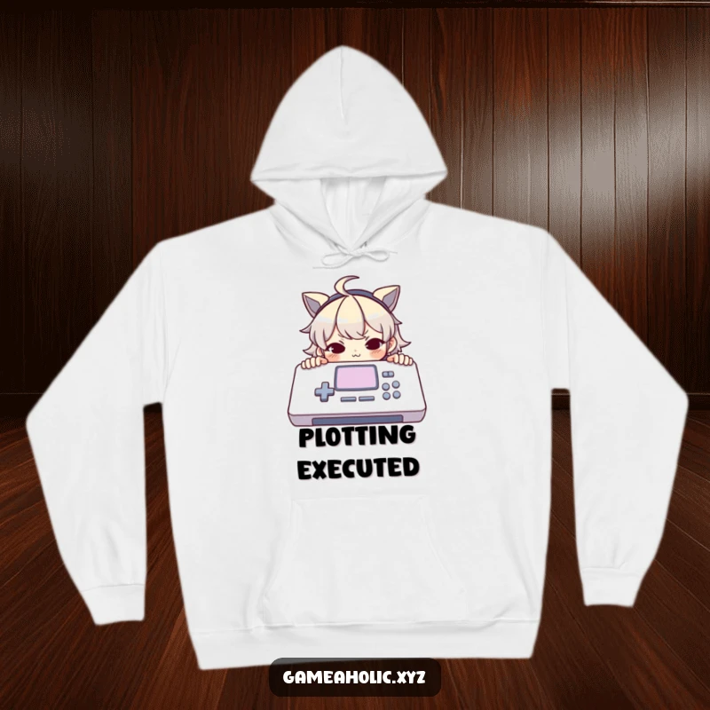 Funny hoodie showing a character peeking over a large console with a mischievous smirk, perfect for cozy and sneaky gaming sessions.