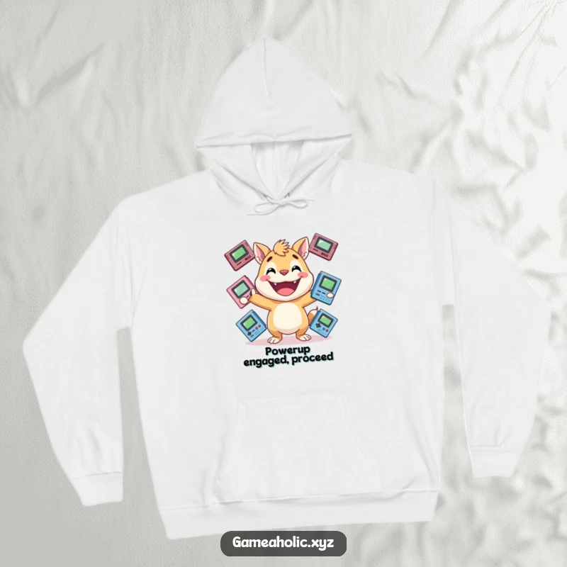 Funny gamer hoodie featuring an energetic animal with a huge grin, showcasing a juggling act with game cartridges, a great funny gift.
