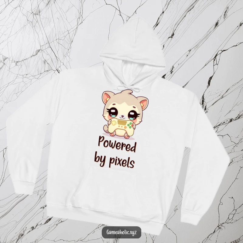 Funny gamer animal hoodie showcasing a cute character with wide, sparkling eyes, intensely focused on a glowing game controller.