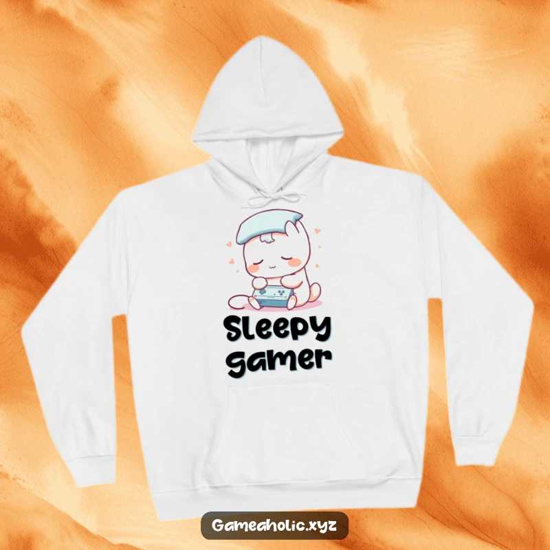 Funny hoodie showing a sleepy creature with a pillow for a head, playing a game, perfect for comfortable, relaxed gaming.