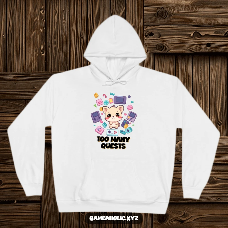 Funny Hoodie: A cute animal with wide, panicked eyes is surrounded by a blizzard of various game icons, capturing gamer intensity.