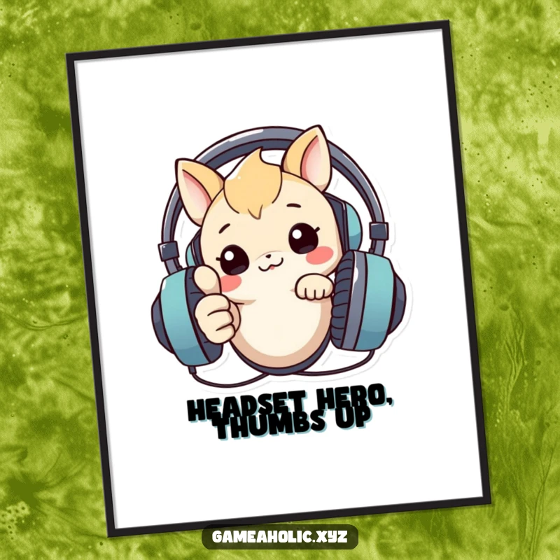 Funny Free Printable Wall Art: Creature peeking over a massive headset, giving a big, enthusiastic thumbs up.