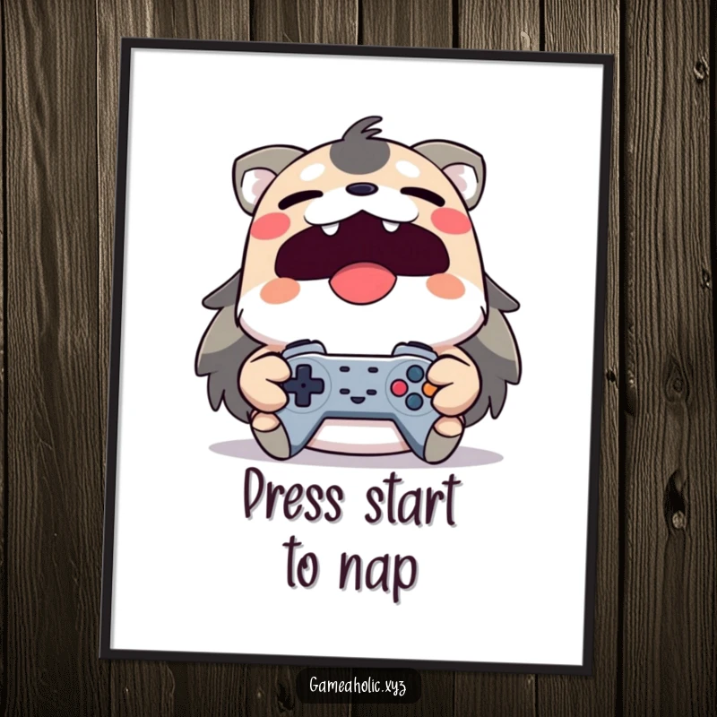 Free printable wall art of a yawning yet smiling animal character clutching a game controller tightly, a gamer's dream decor.