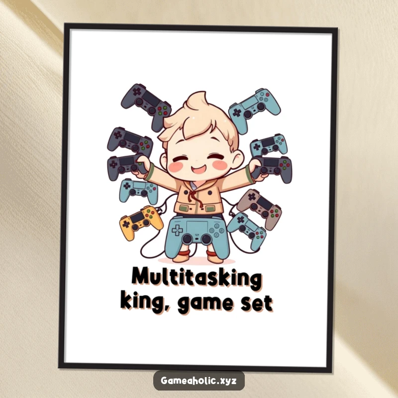 Funny Free Printable Wall Art: A character with a goofy grin expertly balances a precarious stack of game controllers.