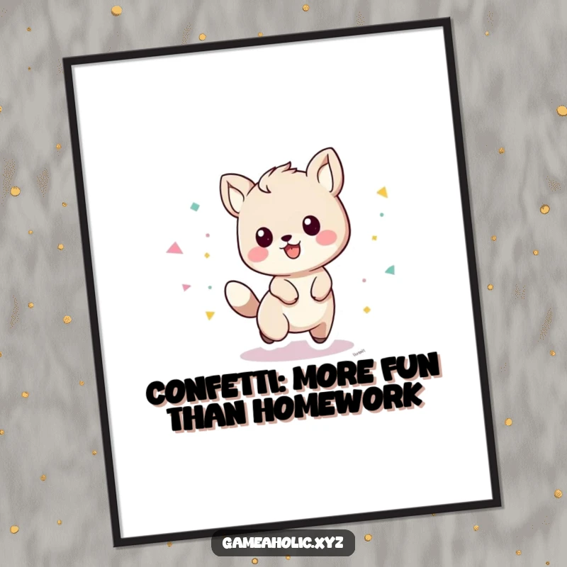 Free printable wall art of a playful animal character with a vibrant trail of confetti, evoking fun and joy.