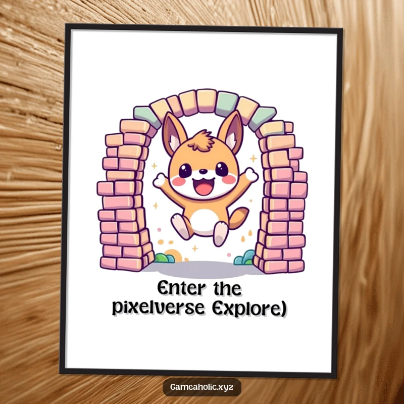 Funny Free Printable Wall Art: An excited animal character dynamically leaps through a swirling portal made of bright, colorful pixels.