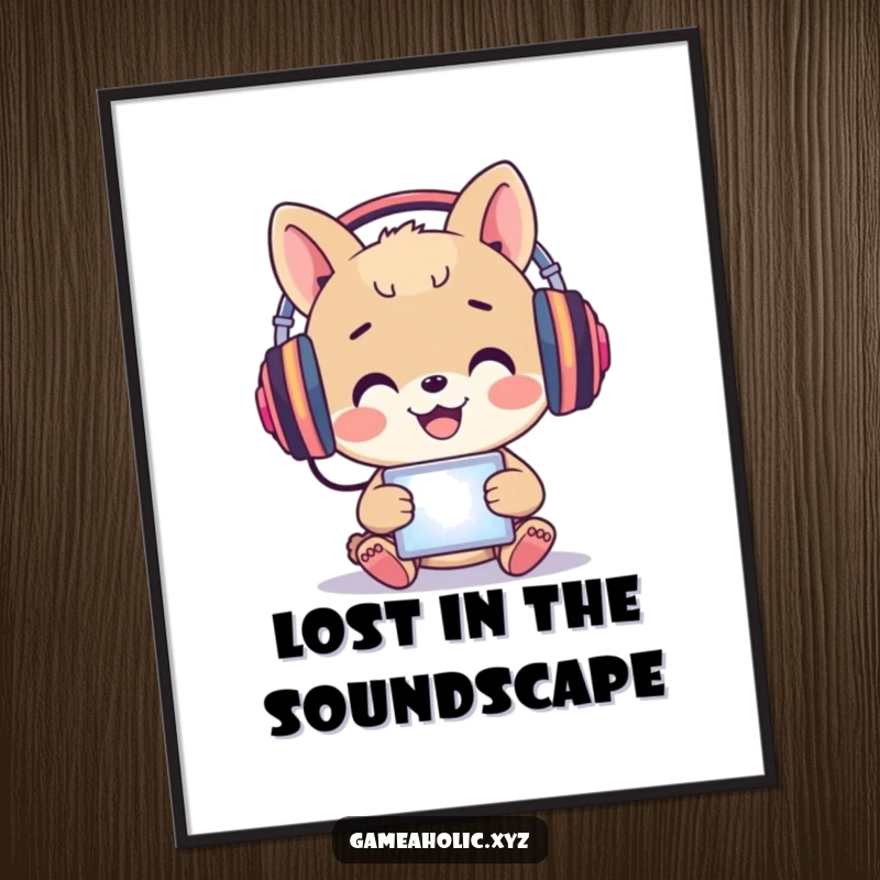 Funny Free Printable Wall Art: A happy animal wearing large headphones is mesmerized by the light from a glowing screen.
