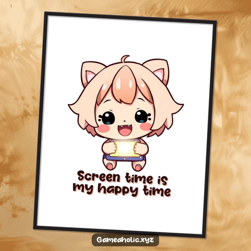 Funny Free Printable Wall Art: A happy character intensely focused on a glowing screen, cheering with dedication and excitement.