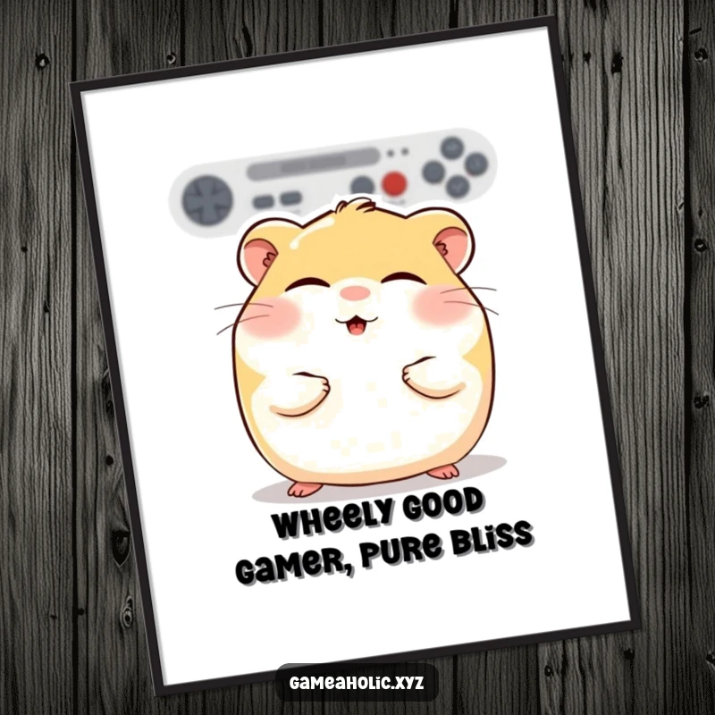 Funny Free Printable Wall Art: A round hamster with rosy cheeks, eyes closed, lost in pure gaming bliss.
