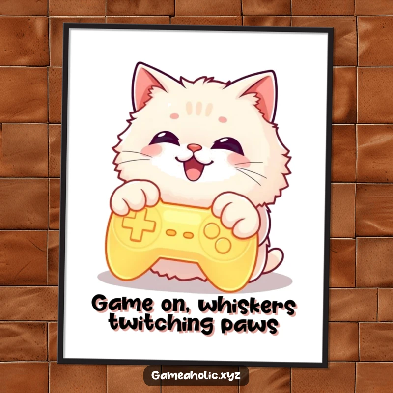 Funny Free Printable Wall Art: A fluffy cat's paws on a glowing game controller, grinning widely in gaming focus.