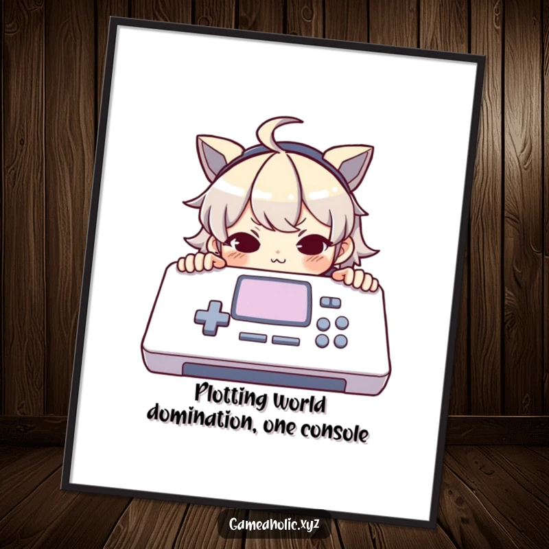 Funny Free Printable Wall Art: Character peeking over a large console with a mischievous smirk, full of secrets.