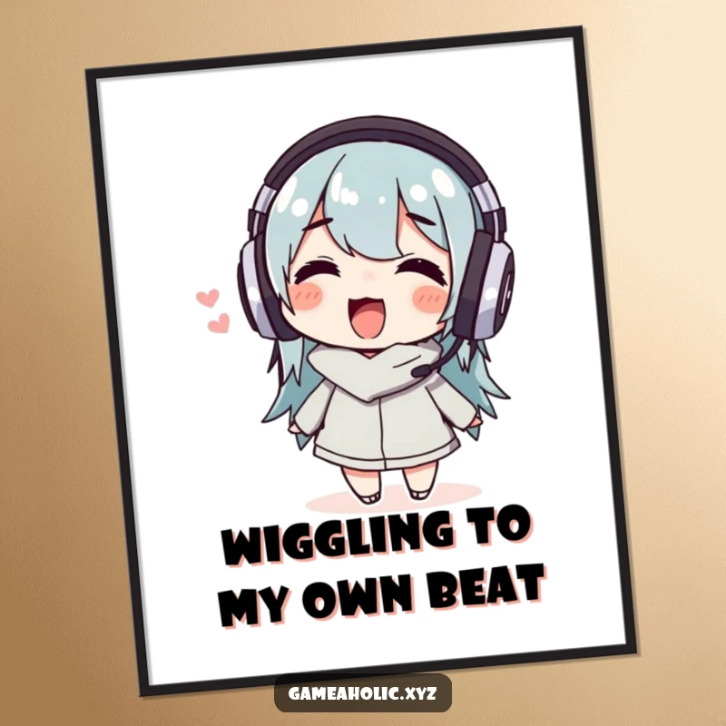 Funny Free Printable Wall Art: Character wearing headphones, wiggling ecstatically, completely immersed in the joy of music.