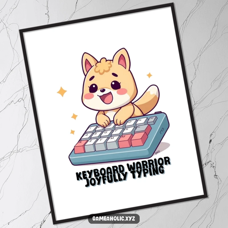 Funny Free Printable Wall Art: An energetic animal character furiously types on a large keyboard with a huge smile.