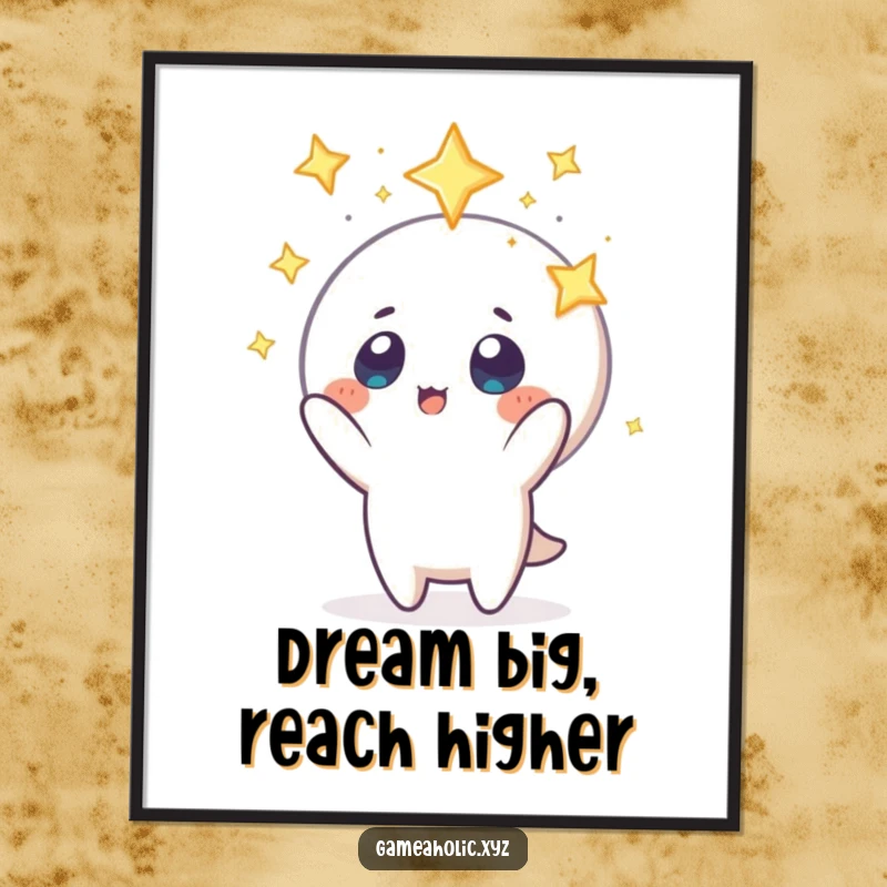 Funny Free Printable Wall Art: A whimsical character with wide, star-filled eyes gazes upward, reaching for a distant, magical icon.