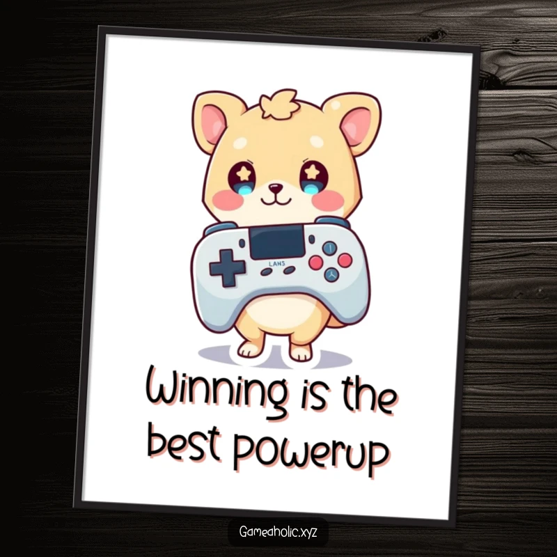 Funny Free Printable Wall Art: A cute animal character with mesmerized starry eyes, joyfully holding an oversized game controller.