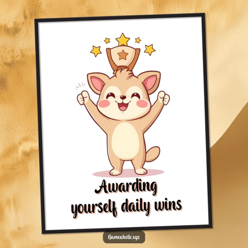 Funny Free Printable Wall Art: An animal character smiling gleefully while triumphantly raising a digital award.