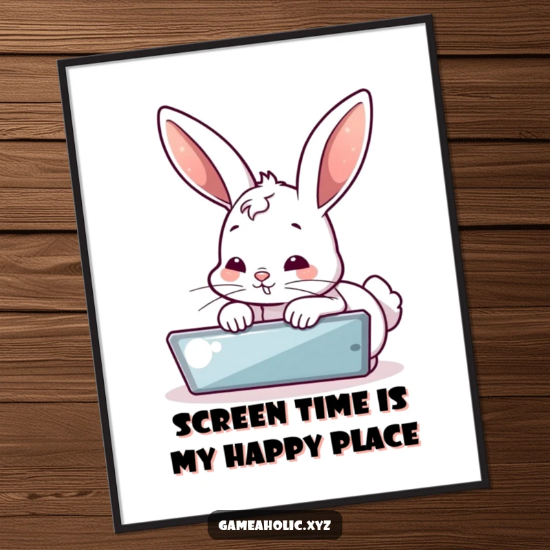 Funny Free Printable Wall Art: Humorous illustration of a bubbly bunny intensely focused on a bright screen, a digital age masterpiece.
