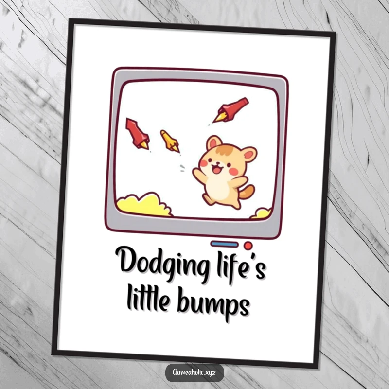 Funny Free Printable Wall Art: A cute animal character joyfully dodging falling screen projectiles, capturing a relatable gamer struggle.