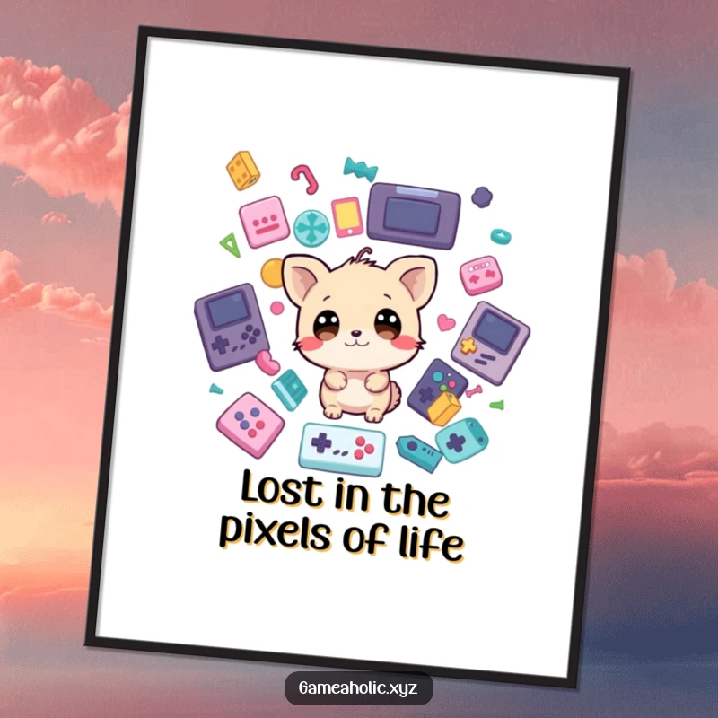 Funny Free Printable Wall Art: Wide-eyed animal surprised by falling game icons, hilarious gamer decor.