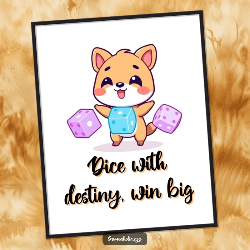 Funny Free Printable Wall Art: Playful animal skillfully juggles three glowing digital dice, a charming piece.