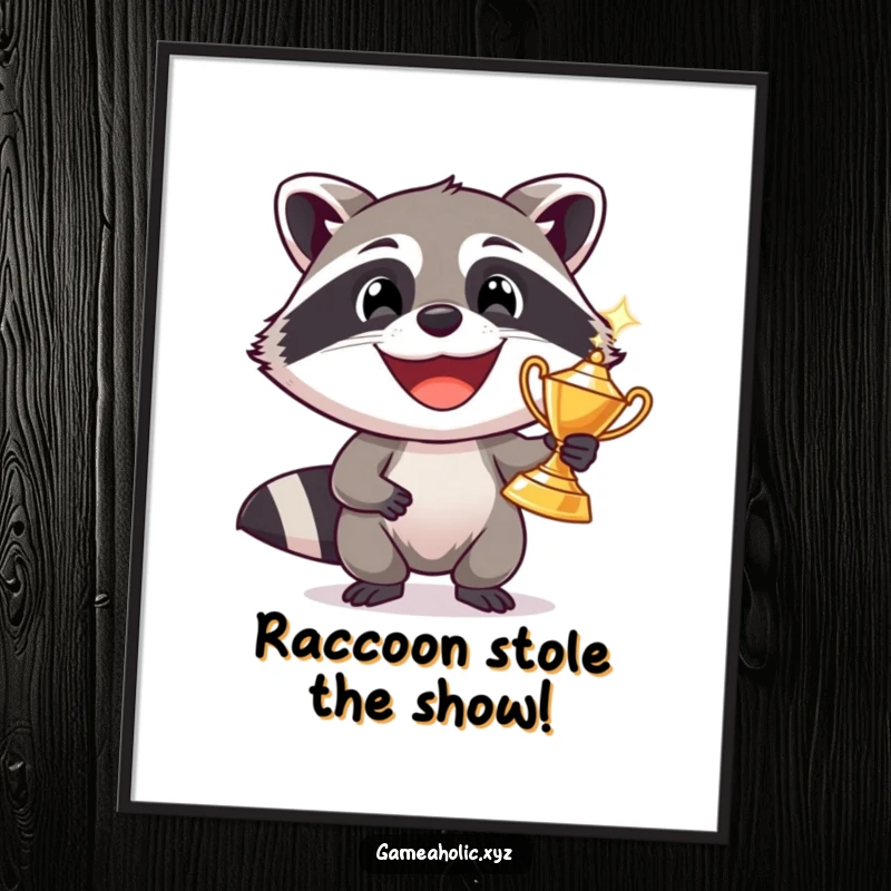Funny Free Printable Wall Art of a grinning raccoon proudly displaying a sparkling trophy, celebrating success with humorous flair.